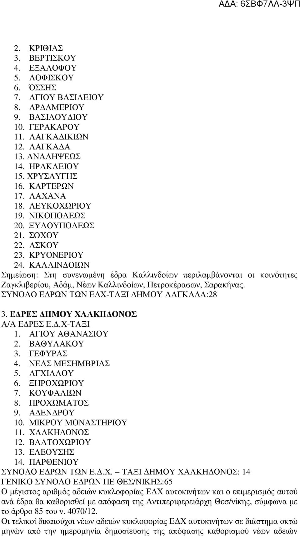 ΚΑΛΛΙΝ ΟΙΩΝ Σηµείωση: Στη συνενωµένη έδρα Καλλινδοίων περιλαµβάνονται οι κοινότητες Ζαγκλιβερίου, Αδάµ, Νέων Καλλινδοίων, Πετροκέρασων, Σαρακήνας. ΣΥΝΟΛΟ Ε ΡΩΝ ΤΩΝ Ε Χ-ΤΑΞΙ ΗΜΟΥ ΛΑΓΚΑ Α:28 3.