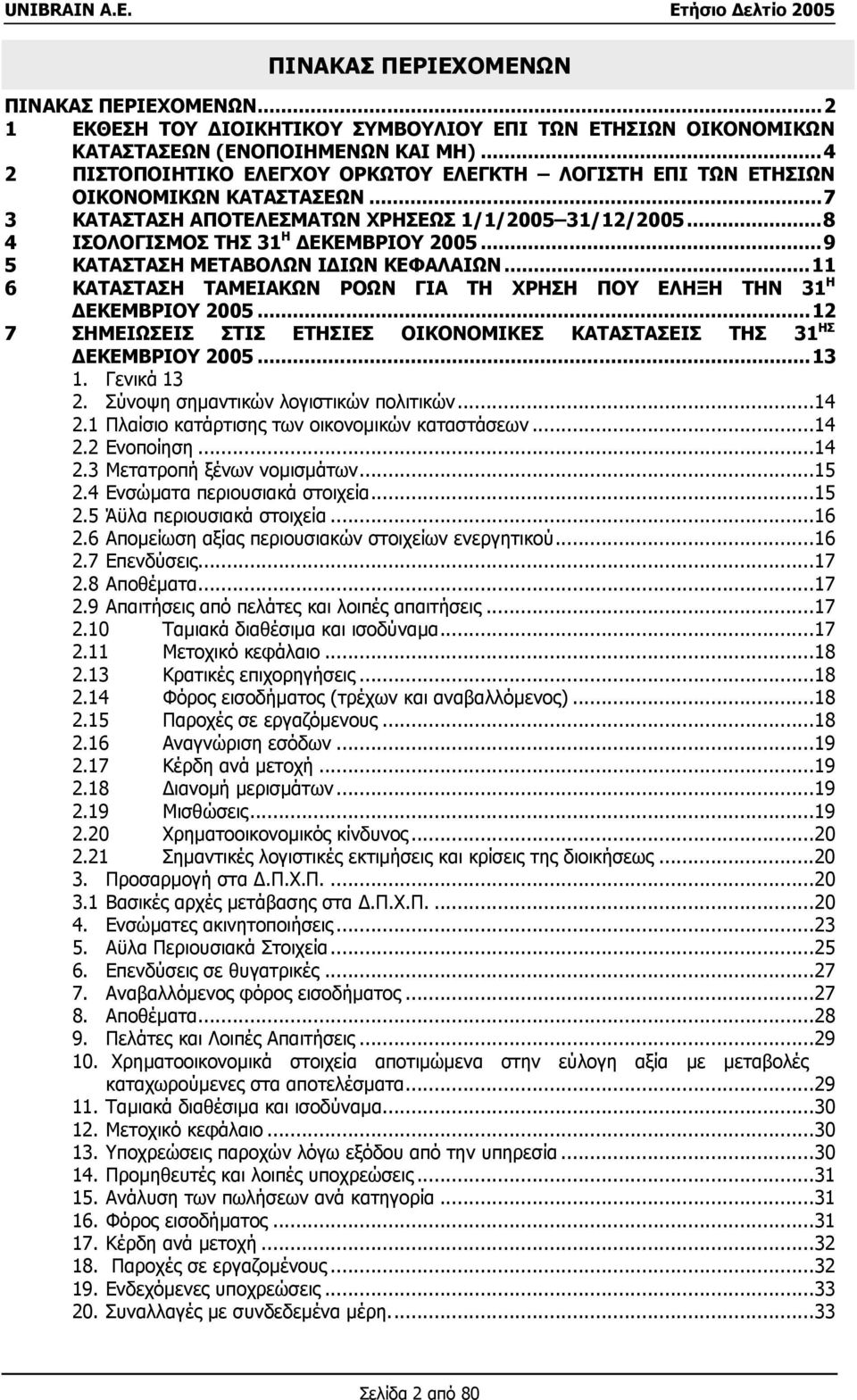 ..9 5 ΚΑΤΑΣΤΑΣΗ ΜΕΤΑΒΟΛΩΝ Ι ΙΩΝ ΚΕΦΑΛΑΙΩΝ...11 6 ΚΑΤΑΣΤΑΣΗ ΤΑΜΕΙΑΚΩΝ ΡΟΩΝ ΓΙΑ ΤΗ ΧΡΗΣΗ ΠΟΥ ΕΛΗΞΗ ΤΗΝ 31 Η ΕΚΕΜΒΡΙΟΥ 2005...12 7 ΣΗΜΕΙΩΣΕΙΣ ΣΤΙΣ ΕΤΗΣΙΕΣ ΟΙΚΟΝΟΜΙΚΕΣ ΚΑΤΑΣΤΑΣΕΙΣ ΤΗΣ 31 ΗΣ ΕΚΕΜΒΡΙΟΥ 2005.