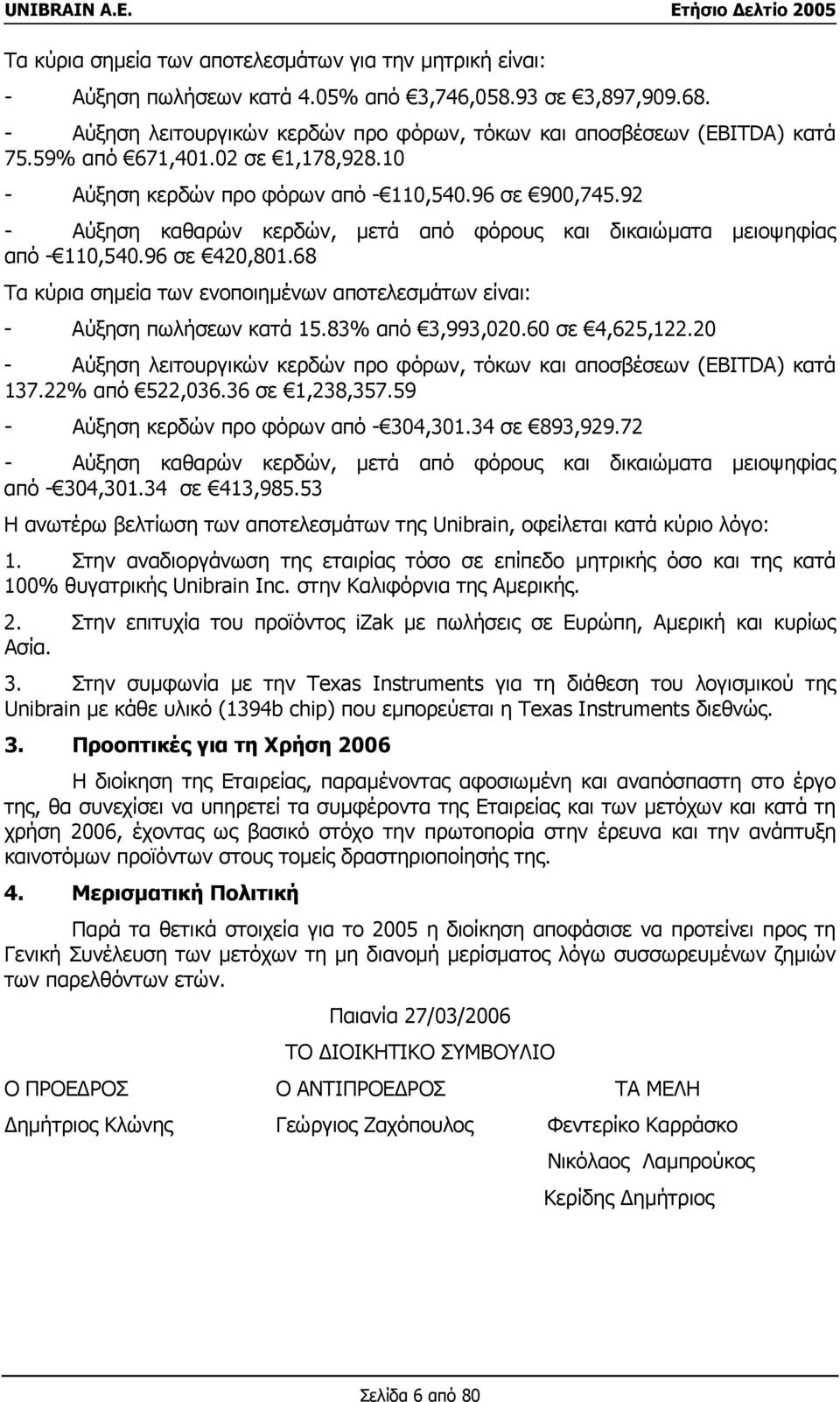 68 Τα κύρια σηµεία των ενοποιηµένων αποτελεσµάτων είναι: - Αύξηση πωλήσεων κατά 15.83% από 3,993,020.60 σε 4,625,122.20 - Αύξηση λειτουργικών κερδών προ φόρων, τόκων και αποσβέσεων (EBITDA) κατά 137.