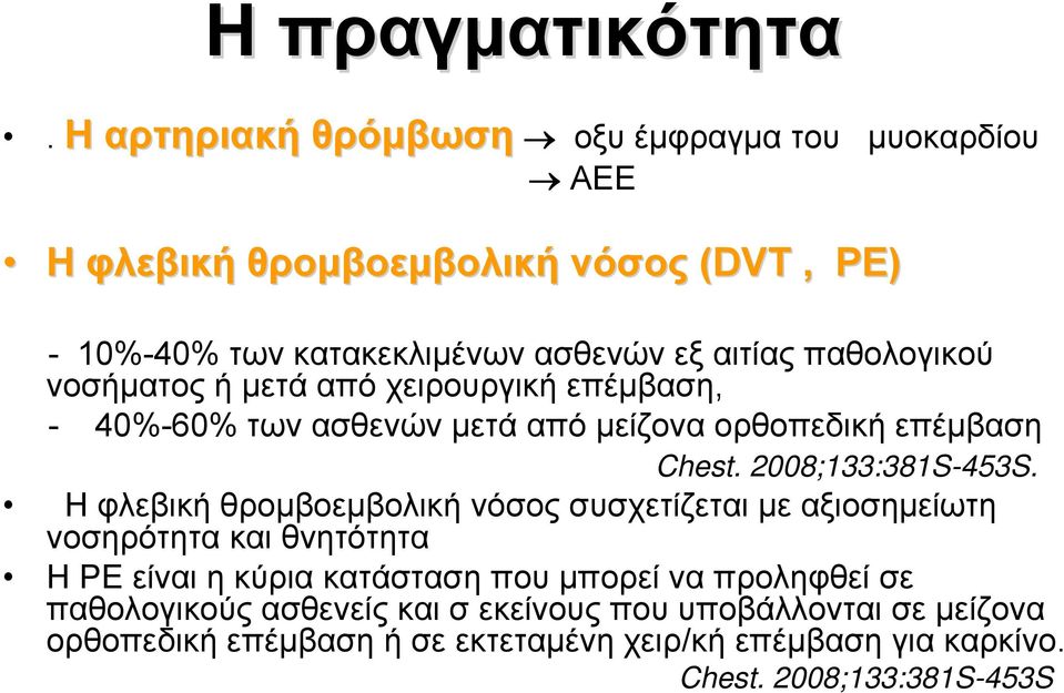 παθολογικού νοσήματος ή μετά από χειρουργική επέμβαση, - 40%-60% των ασθενών μετά από μείζονα ορθοπεδική επέμβαση Chest. 2008;133:381S-453S.