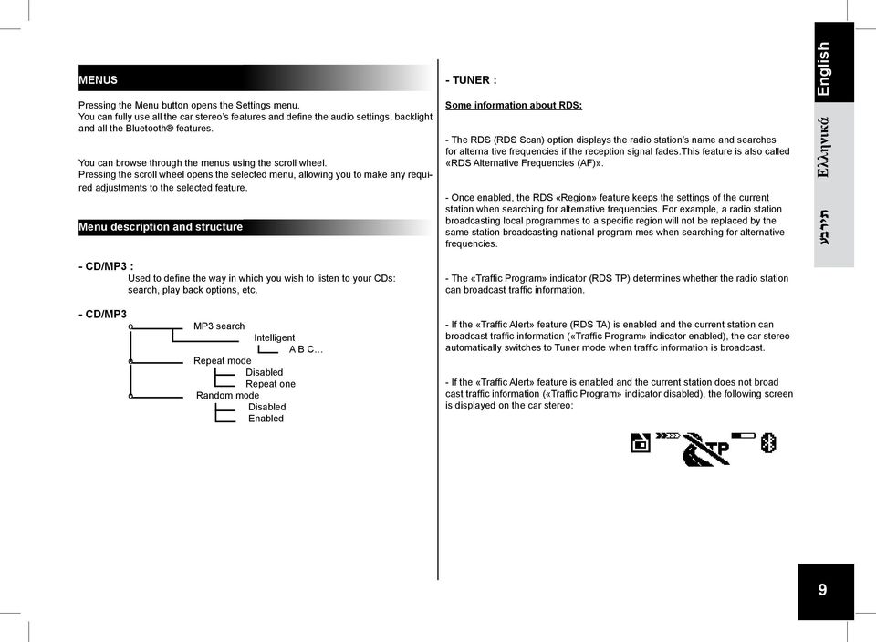 Menu description and structure - TUNER : Some information about RDS: - The RDS (RDS Scan) option displays the radio station s name and searches for alterna tive frequencies if the reception signal