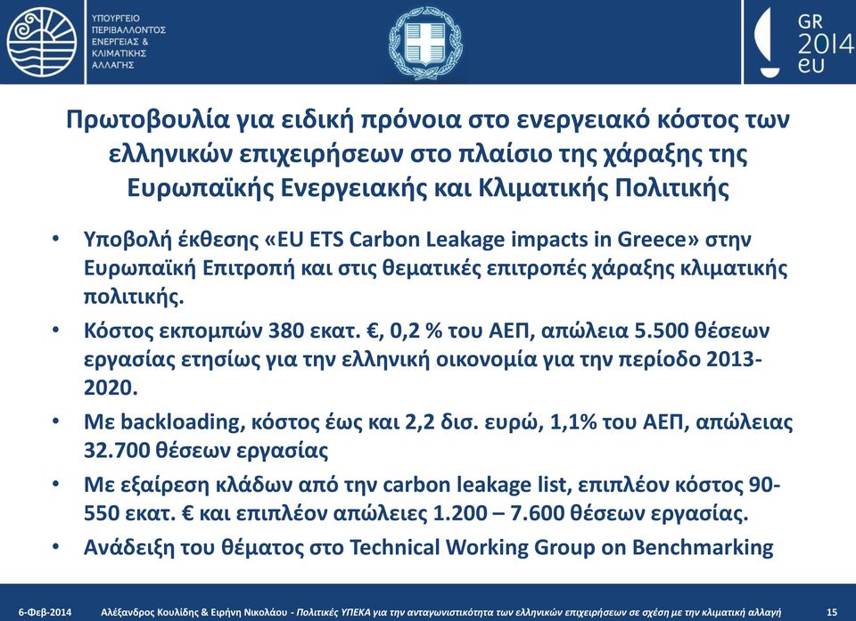 500 θέσεων εργασίας ετησίως για την ελληνική οικονομία για την περίοδο 2013-2020. Με backloading, κόστος έως και 2,2 δισ. ευρώ, 1,1% του ΑΕΠ, απώλειας 32.