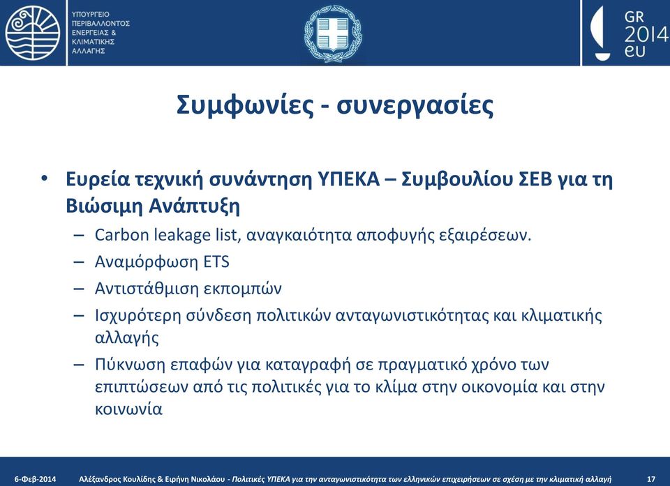 Αναμόρφωση ETS Αντιστάθμιση εκπομπών Ισχυρότερη σύνδεση πολιτικών ανταγωνιστικότητας και κλιματικής αλλαγής Πύκνωση επαφών για