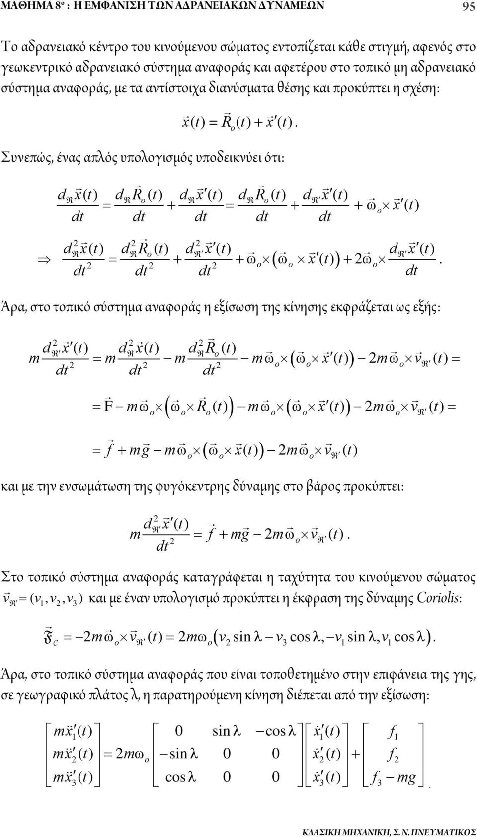 x () d x () () x Άρα, στο τοπικό σύστημα αναφοράς η εξίσωση της κίνησης εκφράζεται ως εξής: d x() d x() d R () m m m m x() mv () F m R ( ) m x( ) mv ( ) f mg m x() m v () και με την ενσωμάτωση της