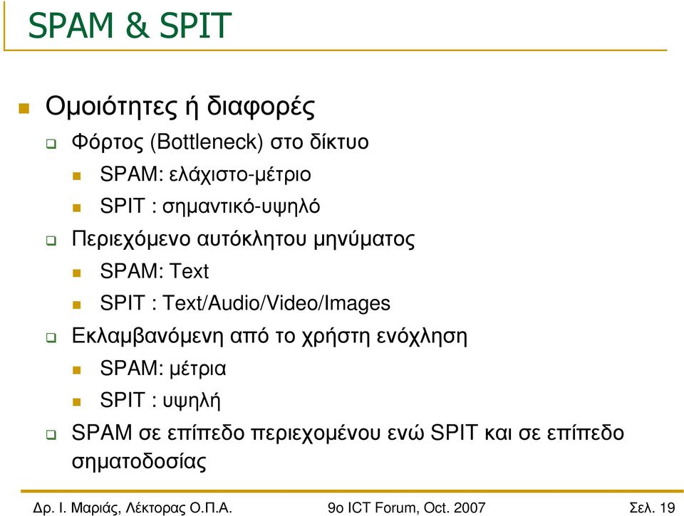 Text SPIT : Text/Audio/Video/Images Εκλαµβανόµενη από το χρήστη ενόχληση SPAM: