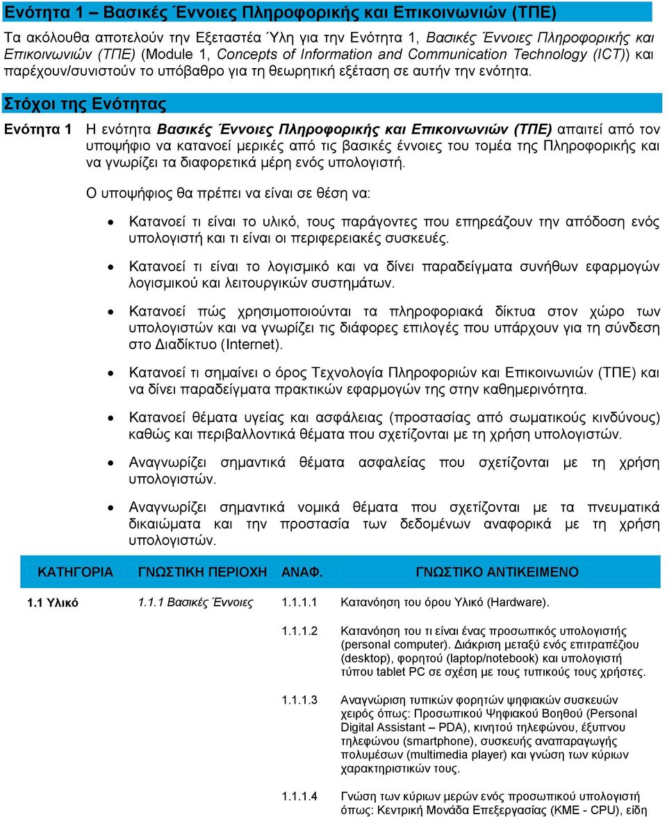 ηόσοι ηηρ Δνόηηηαρ Δνόηηηα 1 Η ελόηεηα Βαζικέρ Έννοιερ Πληποθοπικήρ και Δπικοινωνιών (ΤΠΔ) απαηηεί από ηνλ ππνςήθην λα θαηαλνεί κεξηθέο από ηηο βαζηθέο έλλνηεο ηνπ ηνκέα ηεο Πιεξνθνξηθήο θαη λα