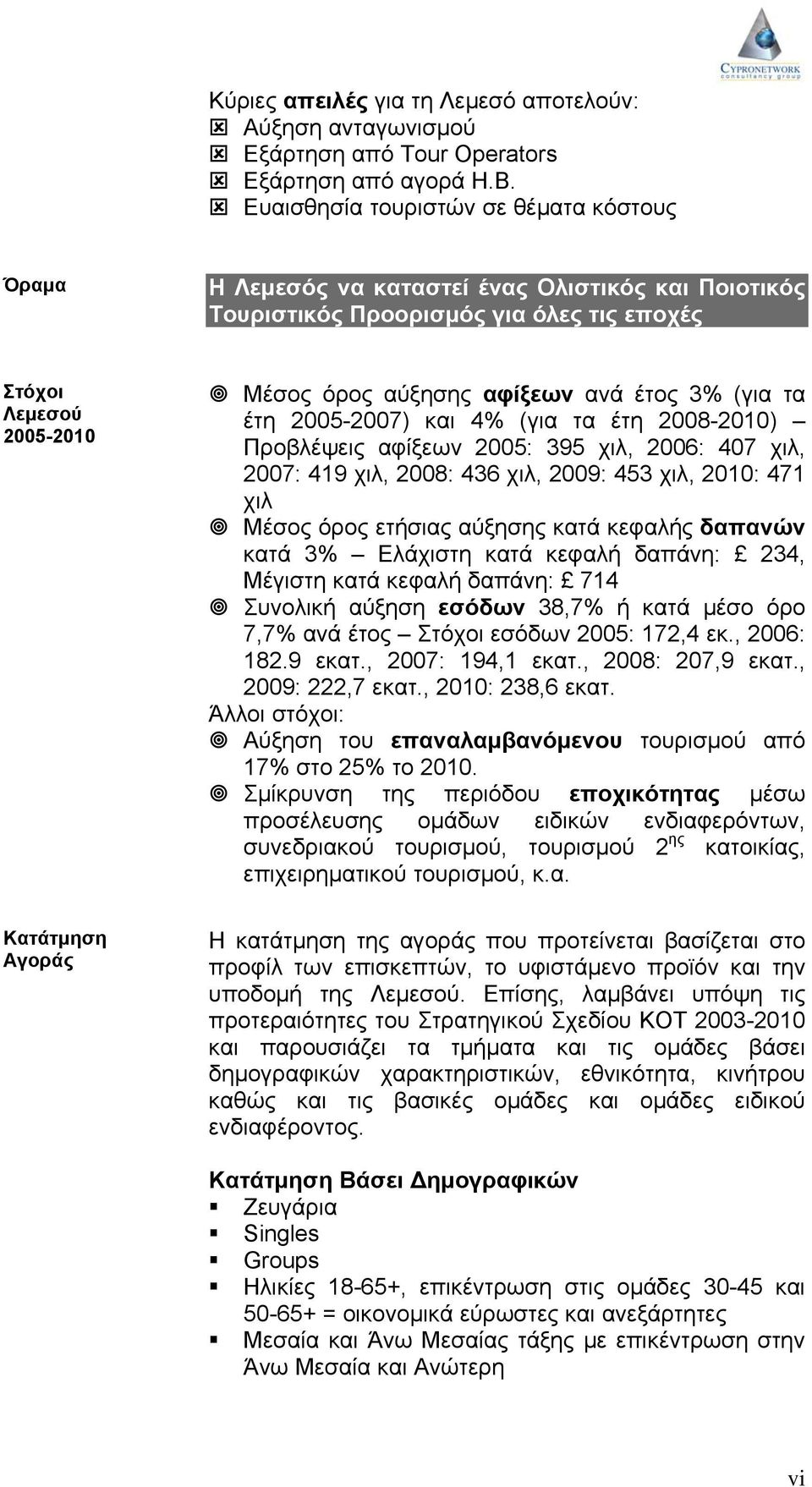 3% (για τα έτη 2005-2007) και 4% (για τα έτη 2008-2010) Προβλέψεις αφίξεων 2005: 395 χιλ, 2006: 407 χιλ, 2007: 419 χιλ, 2008: 436 χιλ, 2009: 453 χιλ, 2010: 471 χιλ Μέσος όρος ετήσιας αύξησης κατά