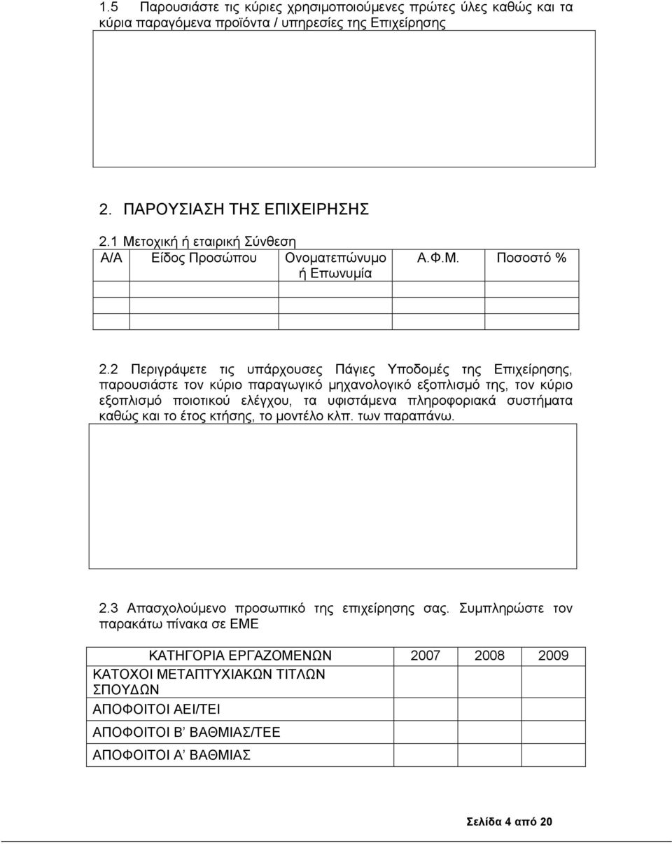 2 Περιγράψετε τις υπάρχουσες Πάγιες Υποδοµές της Επιχείρησης, παρουσιάστε τον κύριο παραγωγικό µηχανολογικό εξοπλισµό της, τον κύριο εξοπλισµό ποιοτικού ελέγχου, τα υφιστάµενα