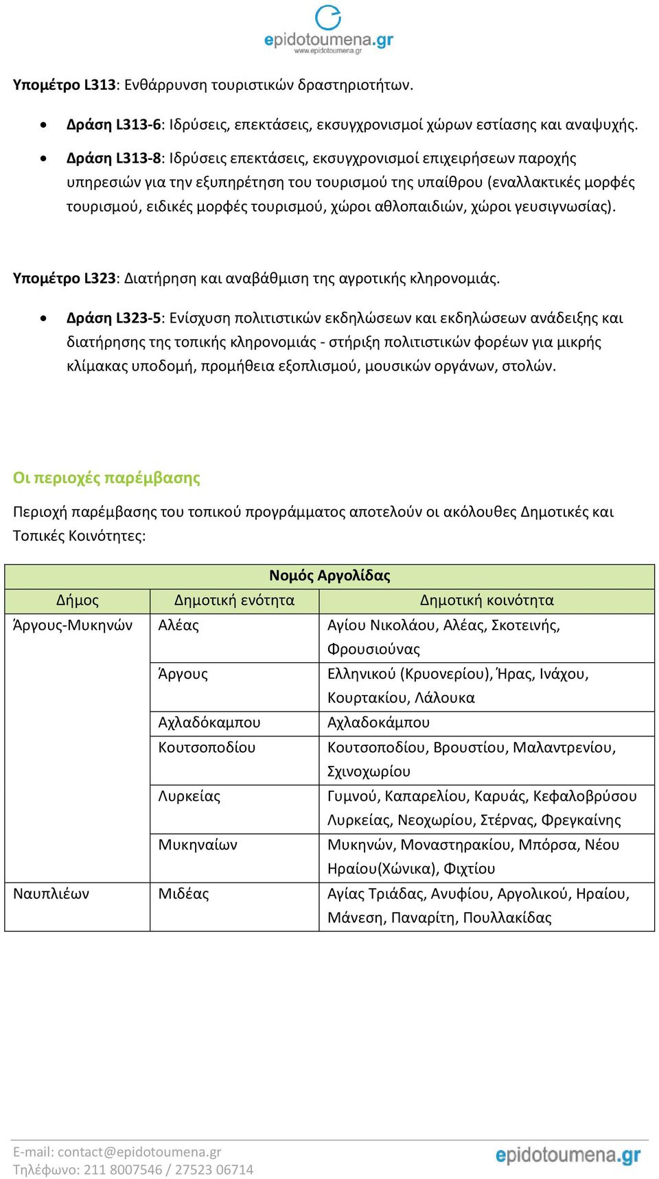 αθλοπαιδιών, χώροι γευσιγνωσίας). Υπομέτρο L323: Διατήρηση και αναβάθμιση της αγροτικής κληρονομιάς.