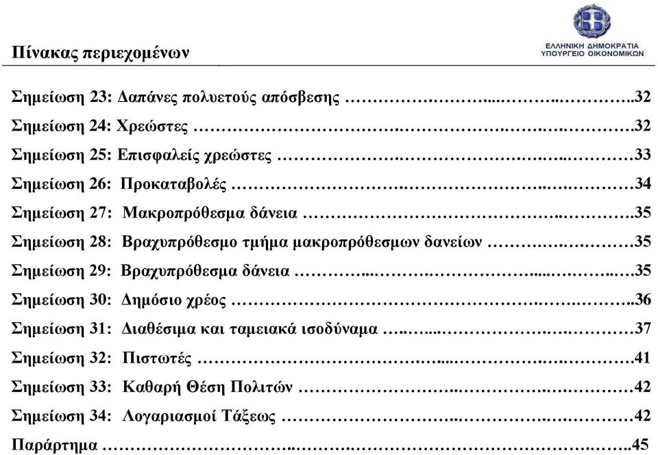 .. 35 Σημείωση 29: Βραχυπρόθεσμα δάνεια...........35 Σημείωση 30: Δημόσιο χρέος....36 Σημείωση 31: Διαθέσιμα και ταμειακά ισοδύναμα.