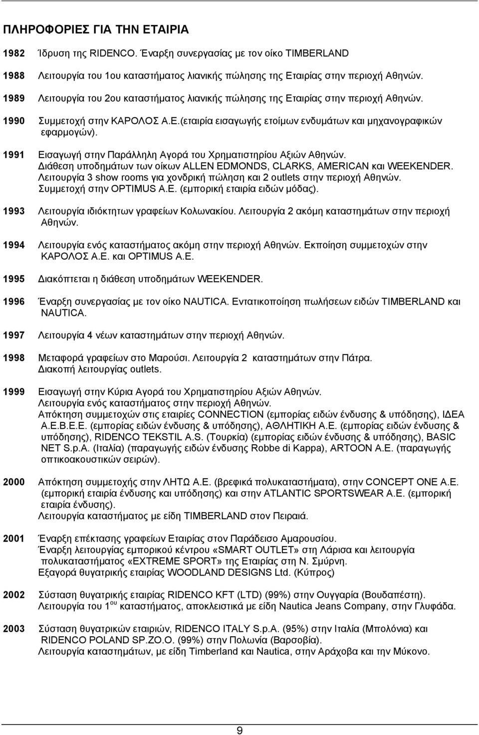 1991 Εισαγωγή στην Παράλληλη Αγορά του Χρηµατιστηρίου Αξιών Αθηνών. ιάθεση υποδηµάτων των οίκων ALLEN EDMONDS, CLARKS, AMERICAN και WEEKENDER.