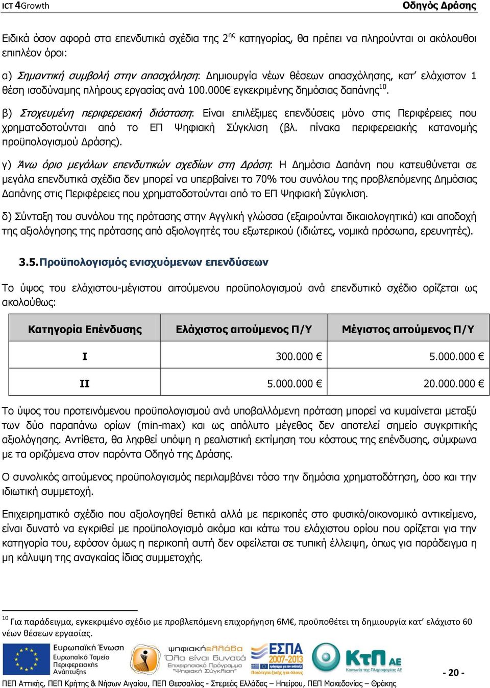 β) Στοχευμένη περιφερειακή διάσταση: Είναι επιλέξιμες επενδύσεις μόνο στις Περιφέρειες που χρηματοδοτούνται από το ΕΠ Ψηφιακή Σύγκλιση (βλ. πίνακα περιφερειακής κατανομής προϋπολογισμού Δράσης).