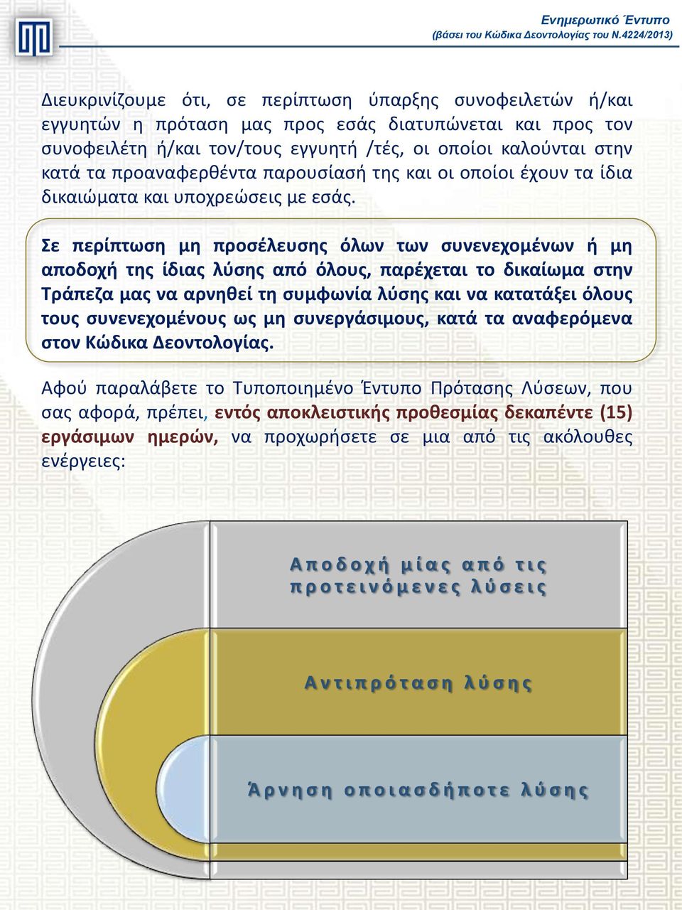 Σε περίπτωση μη προσέλευσης όλων των συνενεχομένων ή μη αποδοχή της ίδιας λύσης από όλους, παρέχεται το δικαίωμα στην Τράπεζα μας να αρνηθεί τη συμφωνία λύσης και να κατατάξει όλους τους