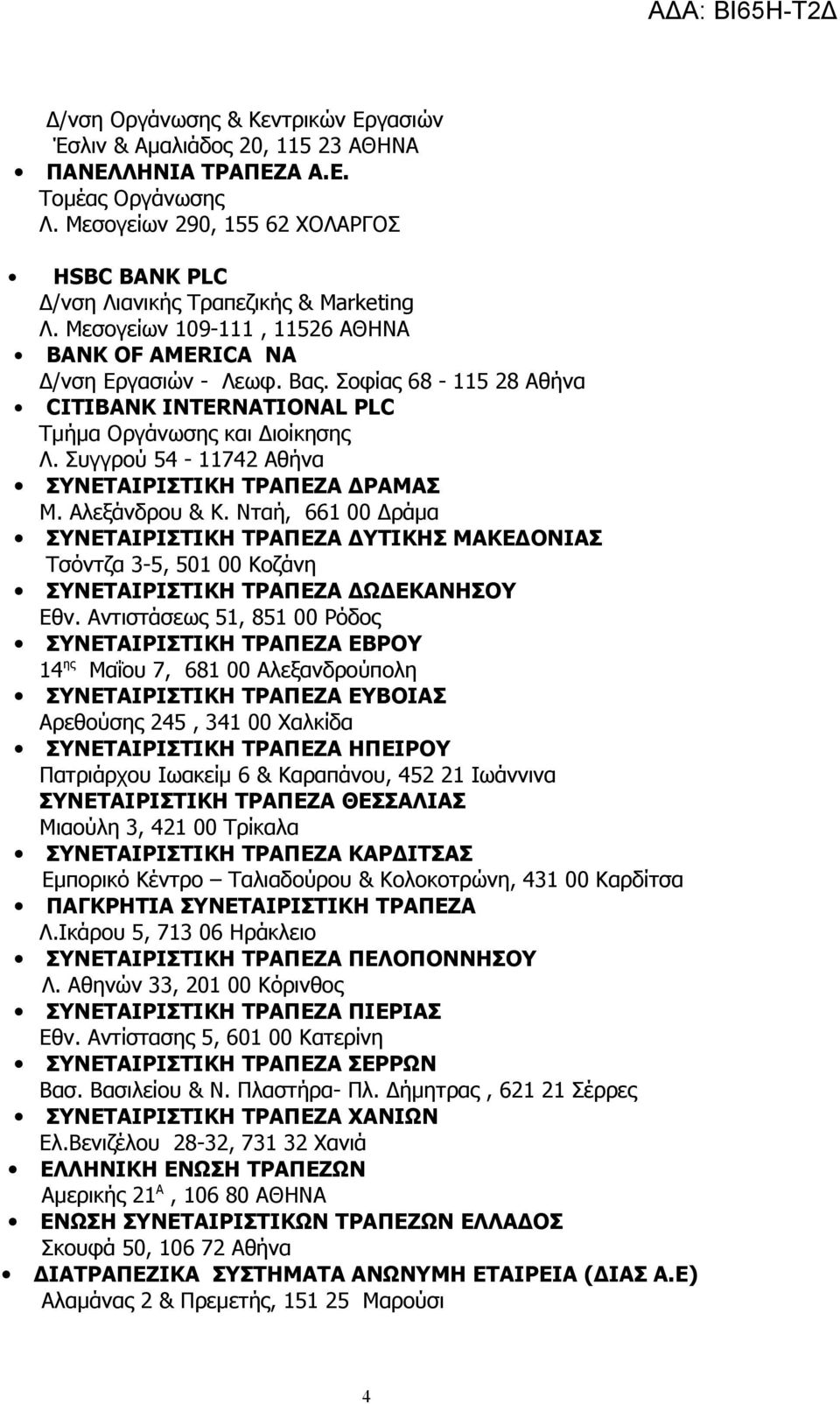 Σοφίας 68-115 28 Αθήνα CITIBANK INTERNATIONAL PLC Τμήμα Οργάνωσης και Διοίκησης Λ. Συγγρού 54-11742 Αθήνα ΣΥΝΕΤΑΙΡΙΣΤΙΚΗ ΤΡΑΠΕΖΑ ΔΡΑΜΑΣ Μ. Αλεξάνδρου & Κ.