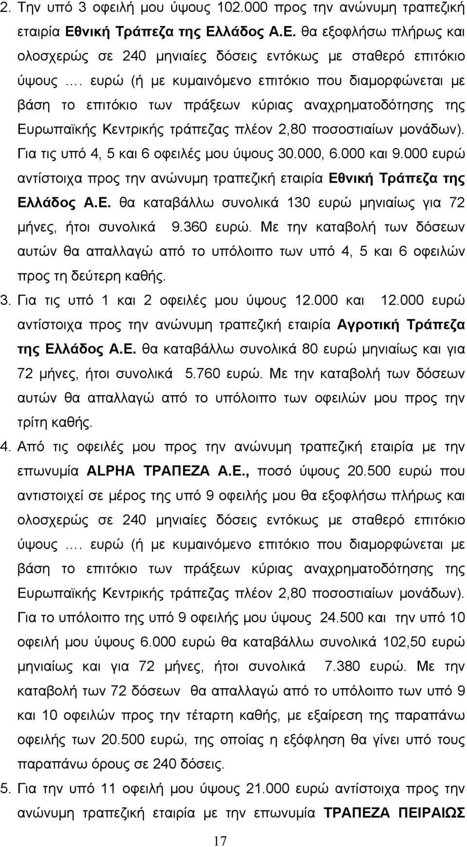 Για τις υπό 4, 5 και 6 οφειλές μου ύψους 30.000, 6.000 και 9.000 ευρώ αντίστοιχα προς την ανώνυμη τραπεζική εταιρία Εθνική Τράπεζα της Ελλάδος Α.Ε. θα καταβάλλω συνολικά 130 ευρώ μηνιαίως για 72 μήνες, ήτοι συνολικά 9.