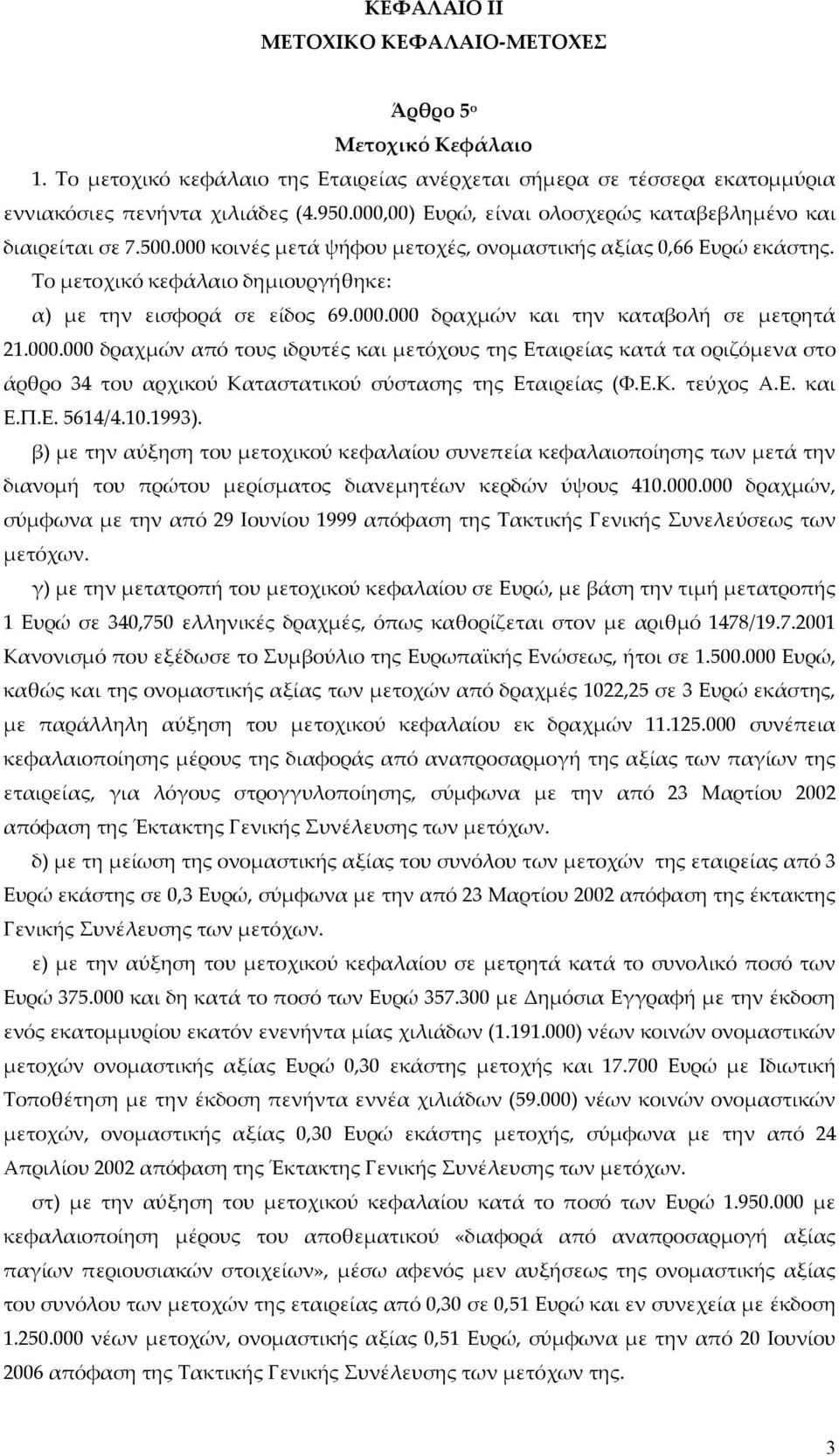 Το μετοχικό κεφάλαιο δημιουργήθηκε: α) με την εισφορά σε είδος 69.000.