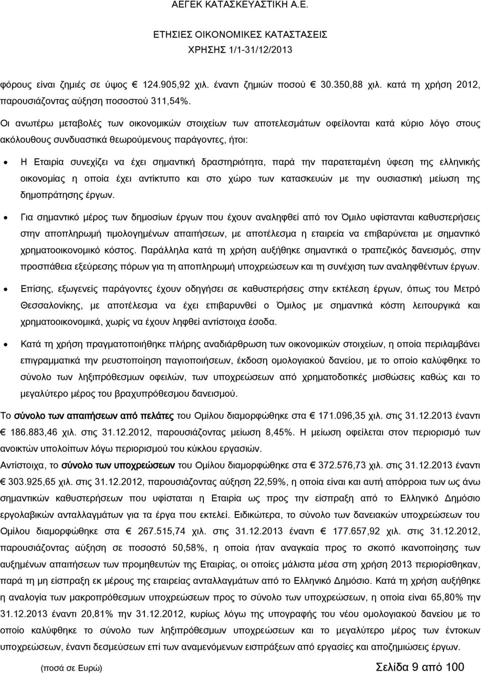 δραστηριότητα, παρά την παρατεταμένη ύφεση της ελληνικής οικονομίας η οποία έχει αντίκτυπο και στο χώρο των κατασκευών με την ουσιαστική μείωση της δημοπράτησης έργων.