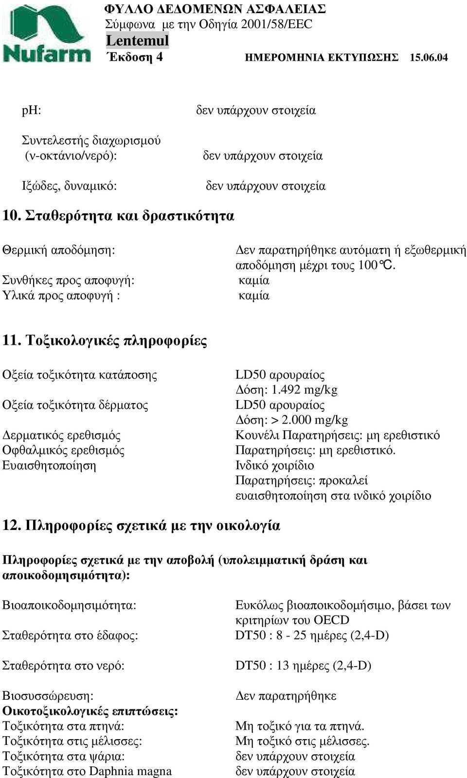 Τοξικολογικές πληροφορίες Οξεία τοξικότητα κατάποσης Οξεία τοξικότητα δέρµατος ερµατικός ερεθισµός Οφθαλµικός ερεθισµός Ευαισθητοποίηση LD50 αρουραίος όση: 1.492 mg/kg LD50 αρουραίος όση: > 2.