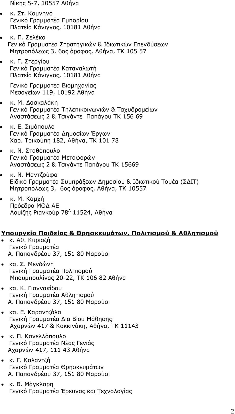 Σιµόπουλο ηµοσίων Έργων Χαρ. Τρικούπη 182, Αθήνα, TK 101 78 κ. Ν. Σταθόπουλο Μεταφορών Αναστάσεως 2 & Τσιγάντε Παπάγου ΤΚ 15669 κ. Ν. Μαντζούφα Ειδικό Γραµµατέα Συµπράξεων ηµοσίου & Ιδιωτικού Τοµέα (Σ ΙΤ) Μητροπόλεως 3, 6ος όροφος, Αθήνα, ΤΚ 10557 κ.