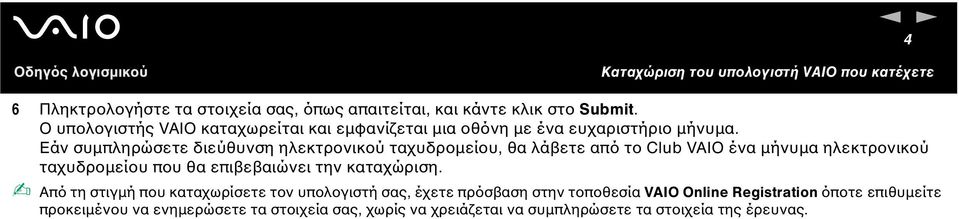 Εάν συµπληρώσετε διεύθυνση ηλεκτρονικού ταχυδροµείου, θα λάβετε από το Club VAIO ένα µήνυµα ηλεκτρονικού ταχυδροµείου που θα επιβεβαιώνει την