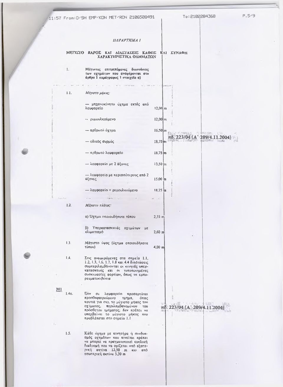 2004) αρθρωτό λεωφορείο 18,75 ιη λεωφορείο μβ 2 άξονας 13.50 λεωφορείο με περισσοτέρους από 2 άξονες 15.00 λεωφορείο + ρυμουλκούμενο 18.75 1.2. Μέγιστο πλάτκ: α) Όχτιμιι οποιοσδήποτε τύπο» 2,55 ιτ β) Υπερκατασκευές οχημάτων με κλιματισμό 2,60 ιη 1.