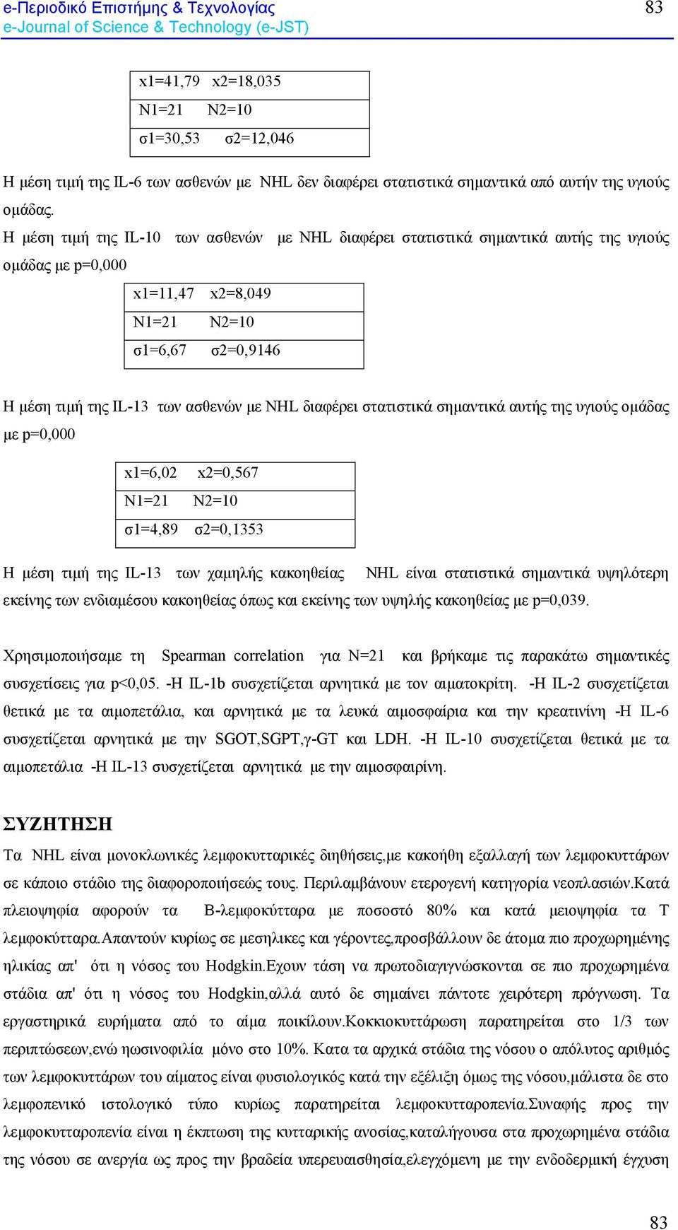 διαφέρει στατιστικά σηµαντικά αυτής της υγιούς οµάδας µε p=0,000 x1=6,02 x2=0,567 N1=21 N2=10 σ1=4,89 σ2=0,1353 Η µέση τιµή της IL-13 των χαµηλής κακοηθείας NHL είναι στατιστικά σηµαντικά υψηλότερη
