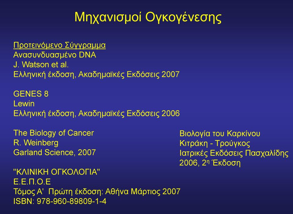 Biology of Cancer R. Weinberg Garland Science, 2007 "ΚΛΙΝΙΚΗ ΟΓ