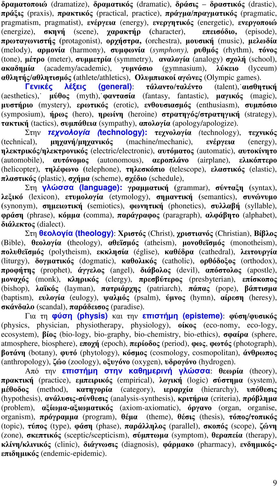 (melody), αρµονία (harmony), συµφωνία (symphony), ρυθµός (rhythm), τόνος (tone), µέτρο (meter), συµµετρία (symmetry), αναλογία (analogy) σχολή (school), ακαδηµία (academy/academic), γυµνάσιο