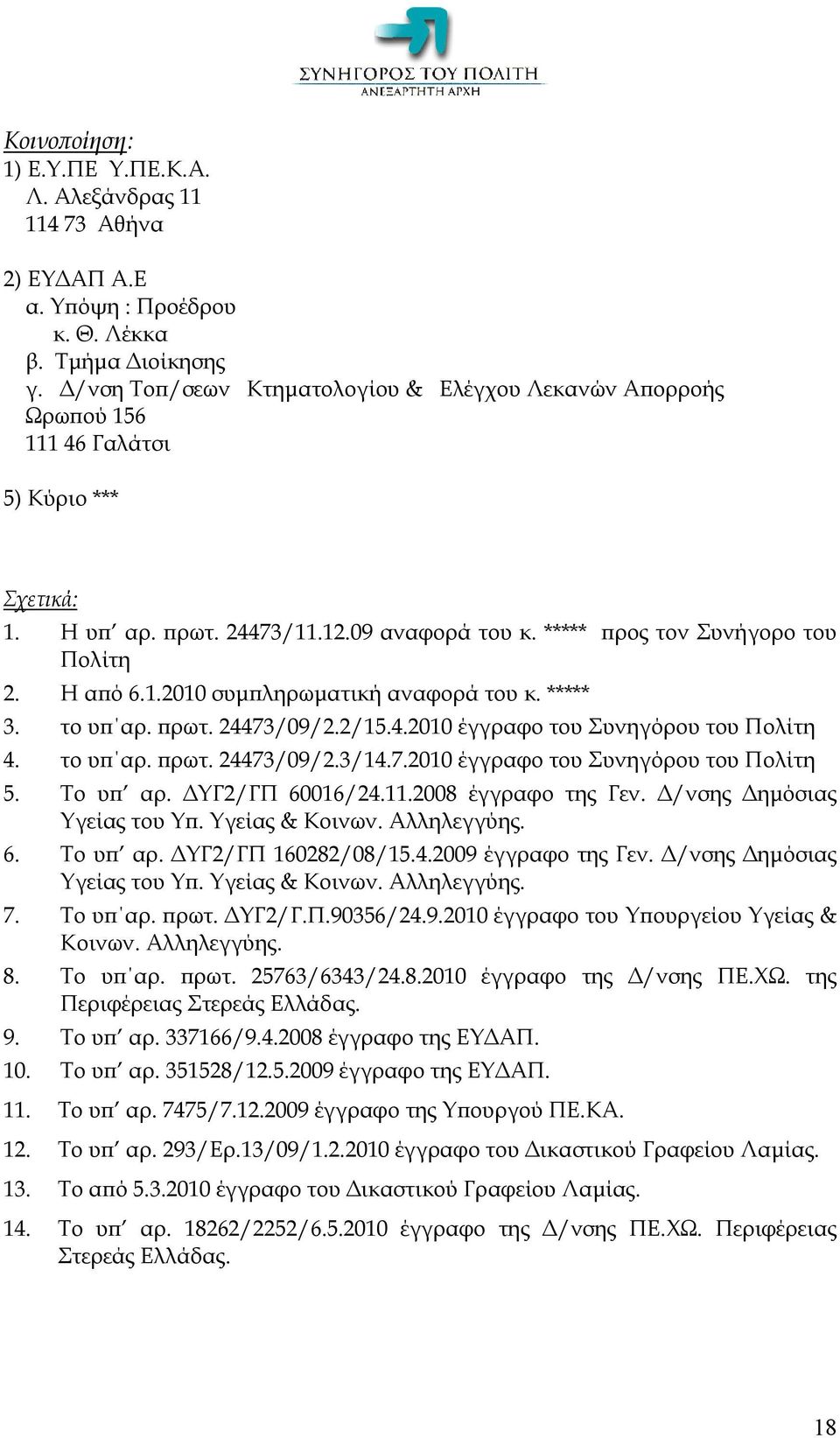 ***** 3. το υπ αρ. πρωτ. 24473/09/2.2/15.4.2010 έγγραφο του Συνηγόρου του Πολίτη 4. το υπ αρ. πρωτ. 24473/09/2.3/14.7.2010 έγγραφο του Συνηγόρου του Πολίτη 5. Το υπ αρ. ΔΥΓ2/ΓΠ 60016/24.11.