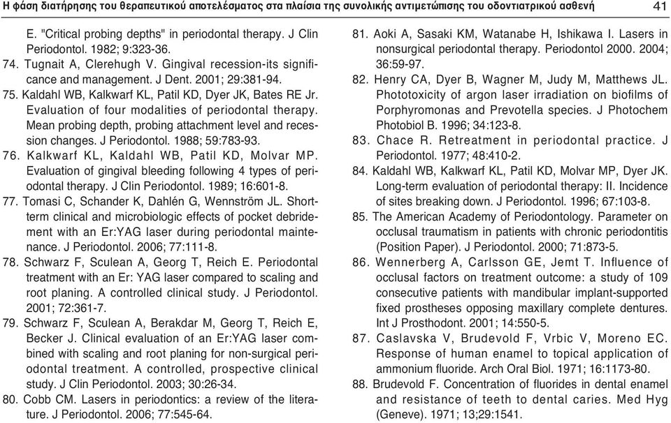 Evaluation of four modalities of periodontal therapy. Mean probing depth, probing attachment level and recession changes. J Periodontol. 1988; 59:783-93. 76.