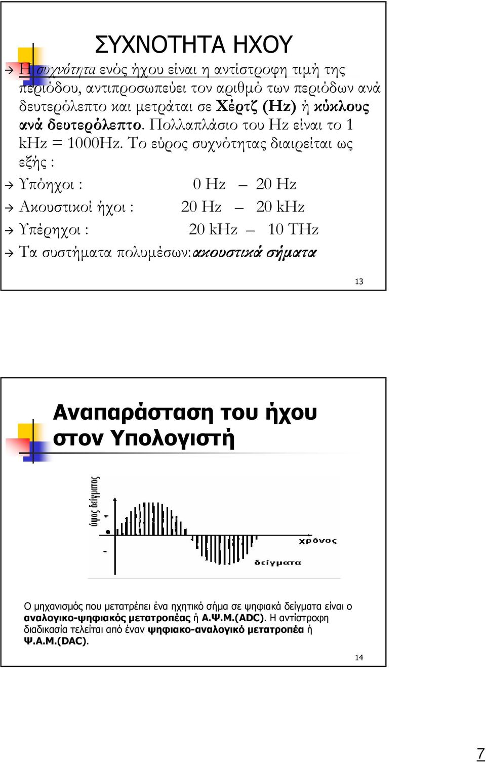 Το εύρος συχνότητας διαιρείται ως εξής : Υπόηχοι : 0 Hz 20 Hz Ακουστικοί ήχοι : 20 Hz 20 khz Υπέρηχοι : 20 khz 10 ΤHz Τα συστήµατα πολυµέσων:ακουστικά σήµατα