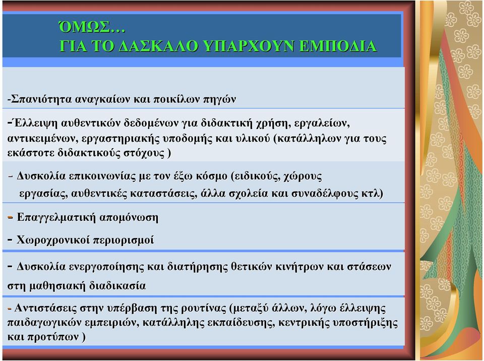 καταστάσεις, άλλα σχολεία και συναδέλφους κτλ) - Επαγγελματική απομόνωση - Χωροχρονικοί περιορισμοί - Δυσκολία ενεργοποίησης και διατήρησης θετικών κινήτρων και