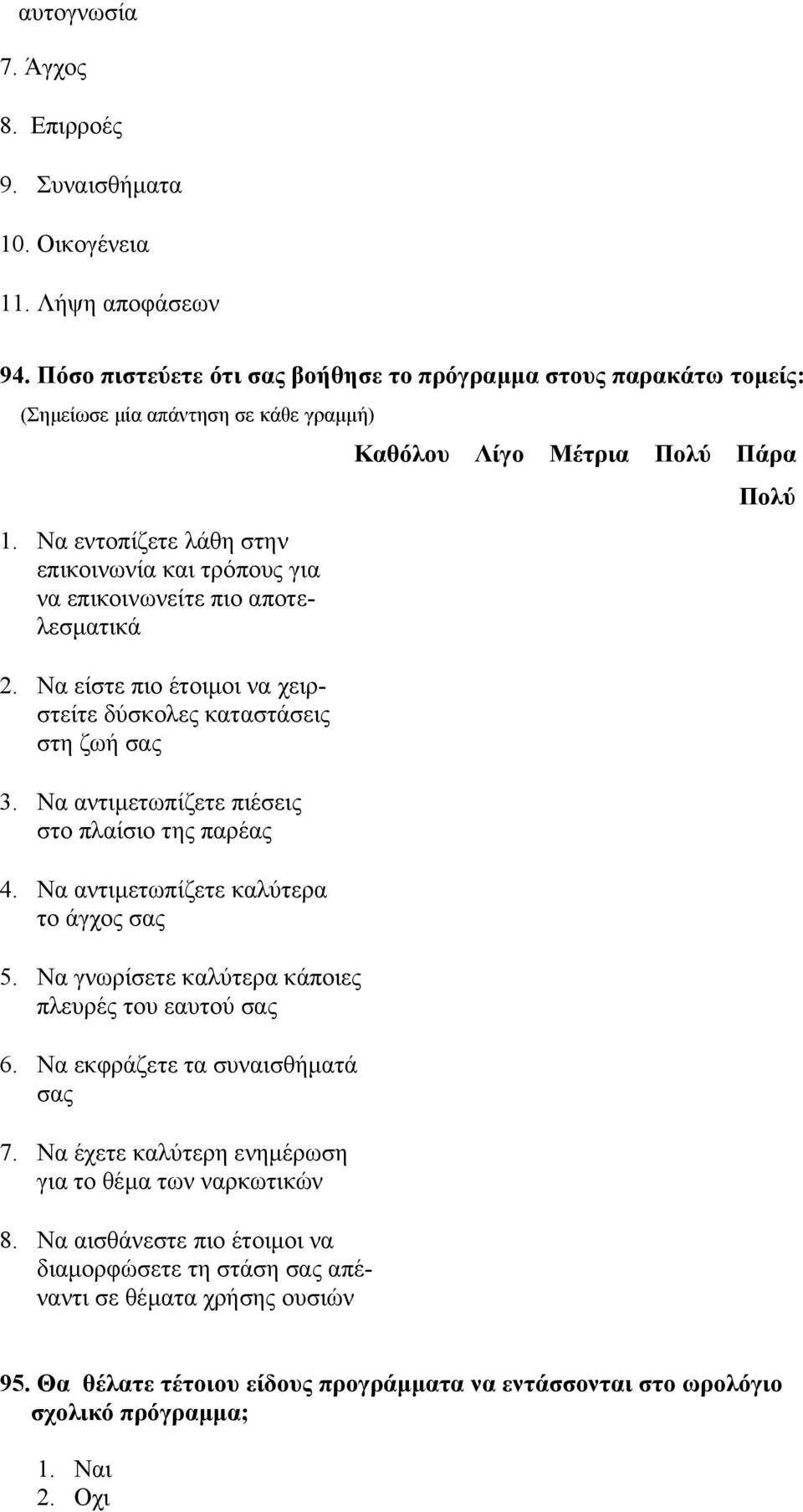 Να αντιµετωπίζετε πιέσεις στο πλαίσιο της παρέας 4. Να αντιµετωπίζετε καλύτερα το άγχος σας 5. Να γνωρίσετε καλύτερα κάποιες πλευρές του εαυτού σας 6. Να εκφράζετε τα συναισθήµατά σας 7.