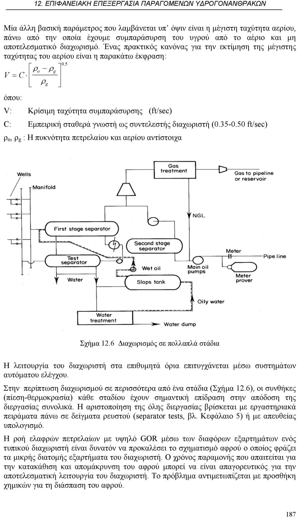 V: Κρίσιµη ταχύτητα συµπαράσυρσης (ft/sec) C: Εµπειρική σταθερά γνωστή ως συντελεστής διαχωριστή (0.35-0.50 ft/sec) ρ ο, ρ g : Η πυκνότητα πετρελαίου και αερίου αντίστοιχα Σχήµα 12.