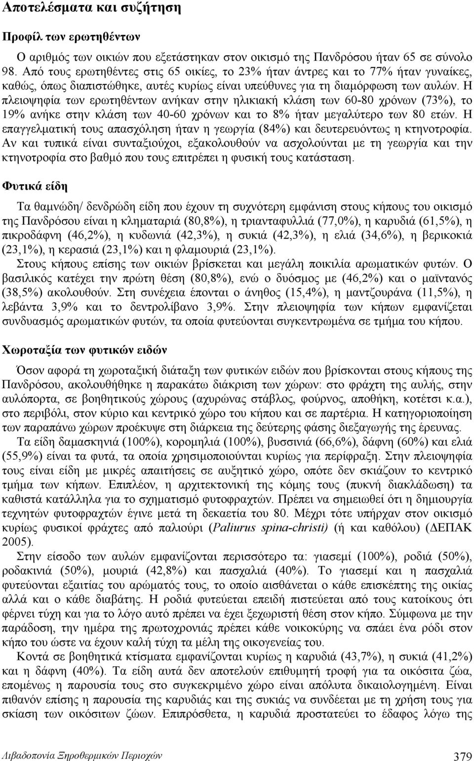 Η πλειοψηφία των ερωτηθέντων ανήκαν στην ηλικιακή κλάση των 60-80 χρόνων (73%), το 19% ανήκε στην κλάση των 40-60 χρόνων και το 8% ήταν μεγαλύτερο των 80 ετών.