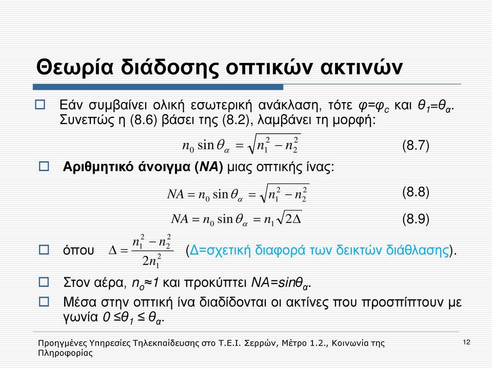 ), λαμβάνει τη μορφή: n 0 sinθ α = n1 n Αριθμητικό άνοιγμα (ΝΑ) μιας οπτικής ίνας: NA = n0 sinθα = n1 n NA = n 0