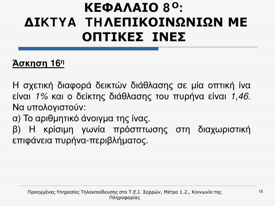 του πυρήνα είναι 1,46. Να υπολογιστούν: α) Το αριθμητικό άνοιγμα της ίνας.