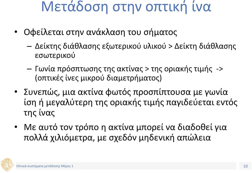 διαμετρήματος) Συνεπώς, μια ακτίνα φωτός προσπίπτουσα µε γωνία ίση ή μεγαλύτερη της οριακής τιμής