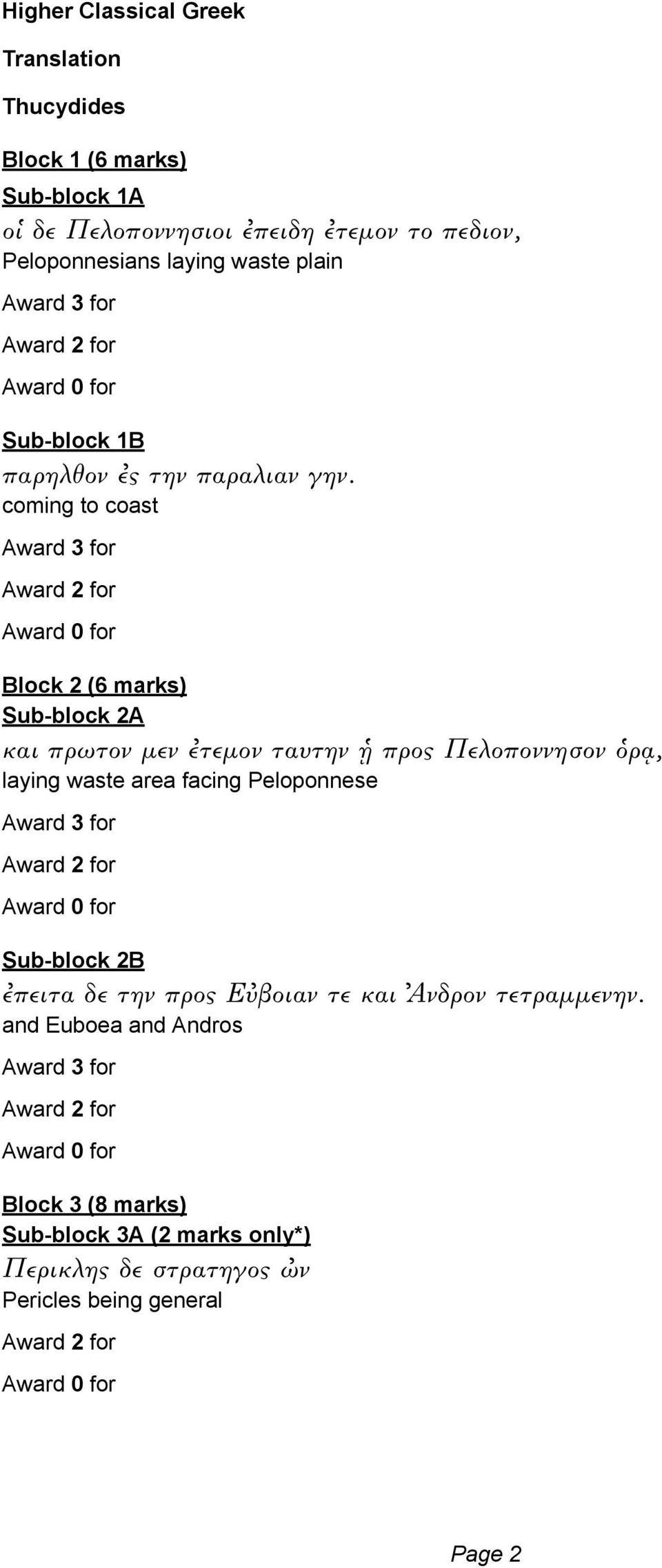 coming to coast Block 2 (6 marks) Sub-block 2A και πρωτον μεν τεμον ταυτην προς Πελοποννησον ρ, laying waste area facing