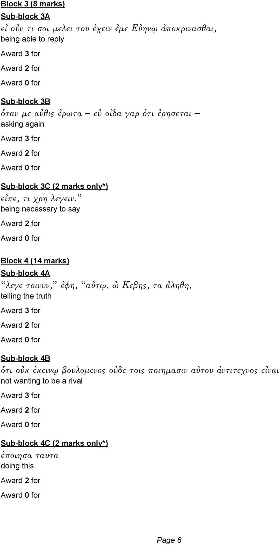 being necessary to say Block 4 (14 marks) Sub-block 4A λεγε τοινυν, φη, α τ, Κεβης, τα α ληθη, telling the truth Sub-block