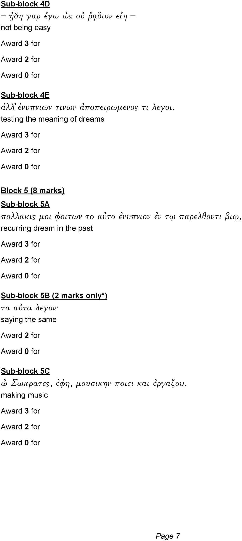 testing the meaning of dreams Block 5 (8 marks) Sub-block 5A πολλακις μοι φοιτων το α το