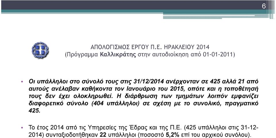 Η διάρθρωση των τµηµάτων λοιπόν εµφανίζει διαφορετικό σύνολο (404 υπάλληλοι) σε σχέση µε το συνολικό, πραγµατικό 425.