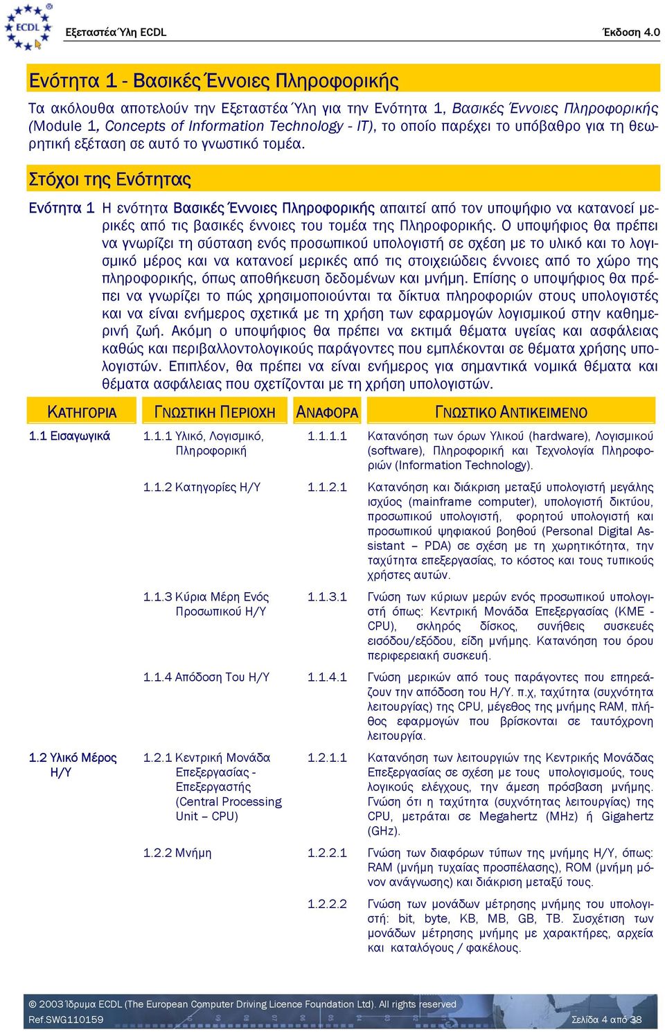 Στόχοι της Ενότητας Ενότητα 1 Η ενότητα Βασικές Έννοιες Πληροφορικής απαιτεί από τον υποψήφιο να κατανοεί µερικές από τις βασικές έννοιες του τοµέα της Πληροφορικής.