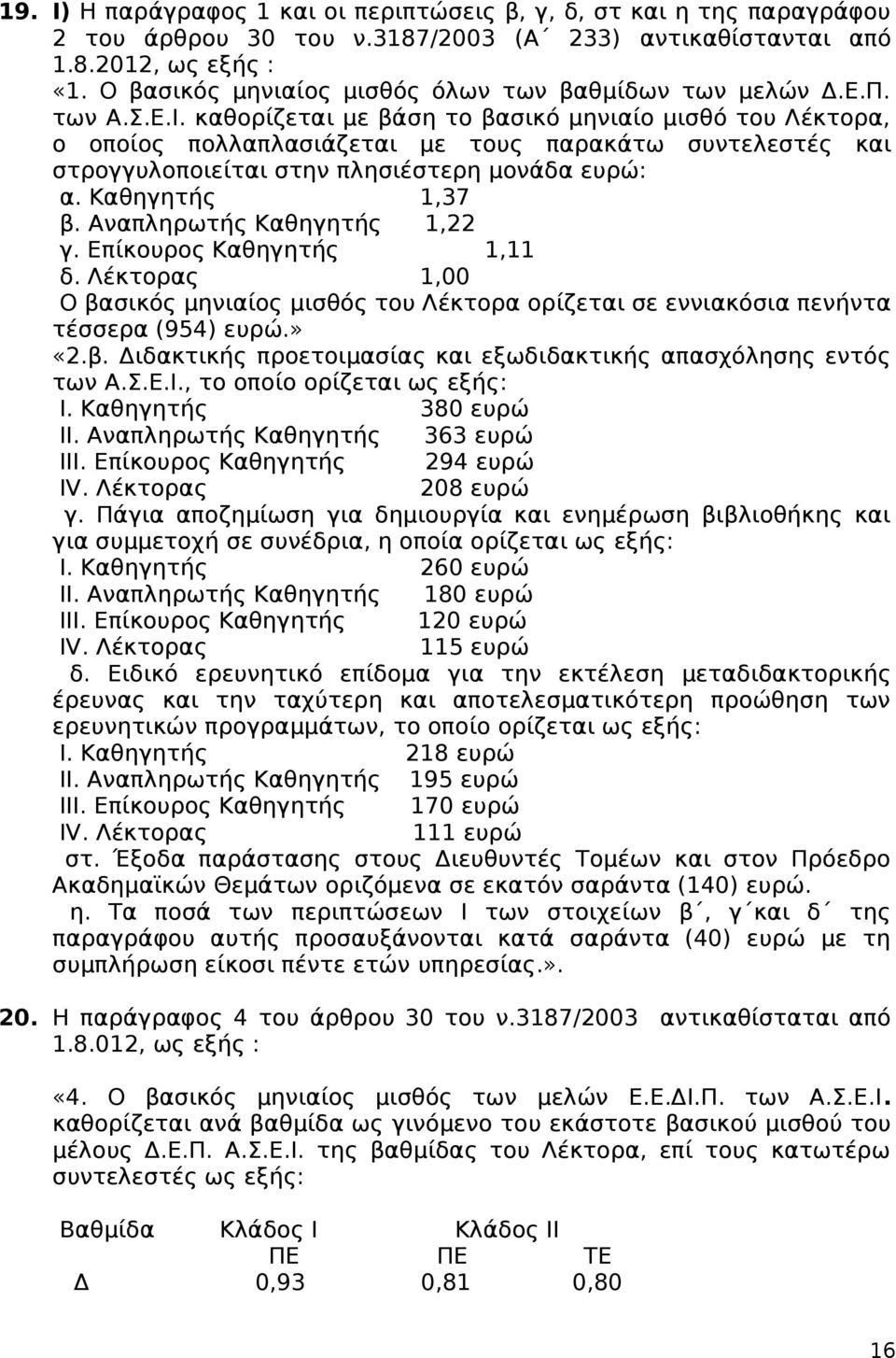 καθορίζεται με βάση το βασικό μηνιαίο μισθό του Λέκτορα, ο οποίος πολλαπλασιάζεται με τους παρακάτω συντελεστές και στρογγυλοποιείται στην πλησιέστερη μονάδα ευρώ: α. Καθηγητής 1,37 β.