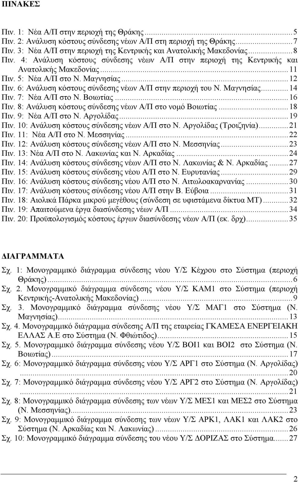 Μαγνησίας...14 Πιν. 7: Νέα Α/Π στο Ν. Βοιωτίας...16 Πιν. 8: Aνάλυση κόστους σύνδεσης νέων Α/Π στο νοµό Βοιωτίας...18 Πιν. 9: Νέα Α/Π στο Ν. Αργολίδας...19 Πιν.