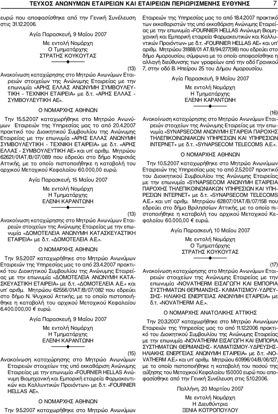 5.2007 καταχωρήθηκε στο Μητρώο Ανωνύ μων Εταιρειών της Υπηρεσίας μας το από 20.4.