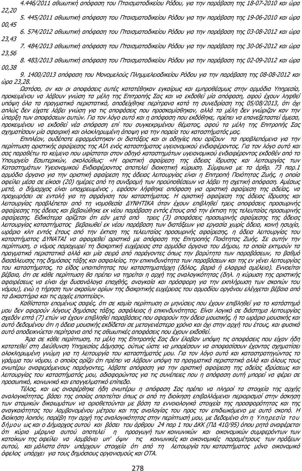 574/2012 αθωωτική απόφαση του Πταισµατοδικείου Ρόδου για την παράβαση της 03-08-2012 και ώρα 23,43 7.