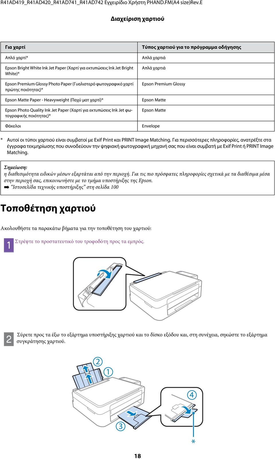 ποιότητας)* Epson Matte Paper - Heavyweight (Παχύ ματ χαρτί)* Epson Photo Quality Ink Jet Paper (Χαρτί για εκτυπώσεις Ink Jet φωτογραφικής ποιότητας)* Φάκελοι Τύπος χαρτιού για το πρόγραμμα οδήγησης