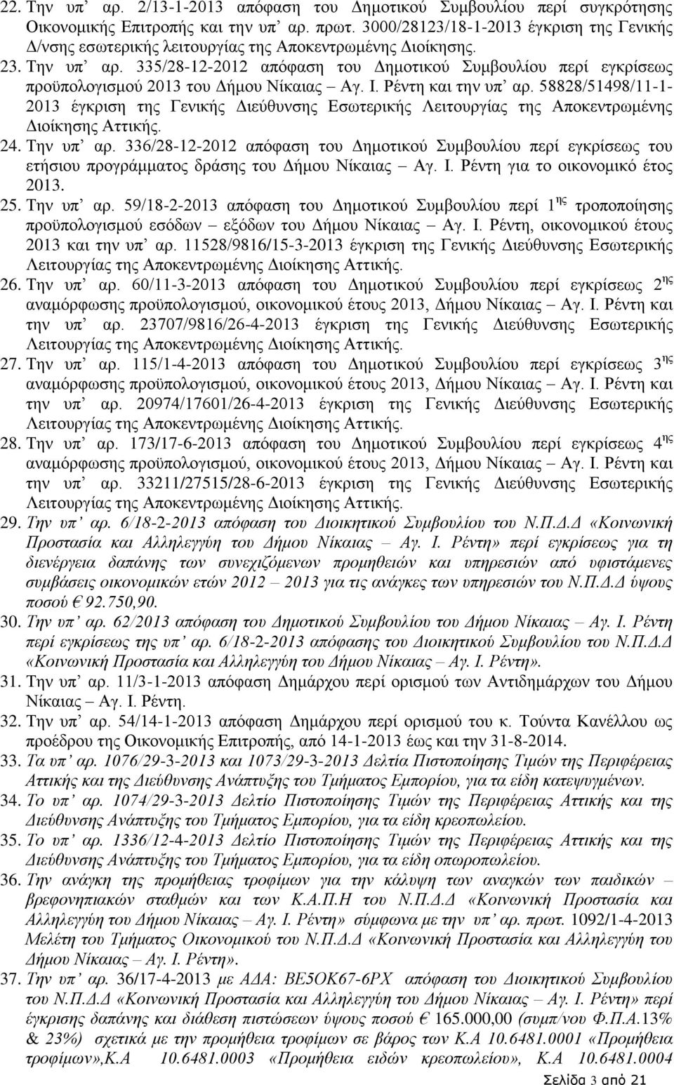 335/28-12-2012 απόφαση του Δημοτικού Συμβουλίου περί εγκρίσεως προϋπολογισμού 2013 του Δήμου Νίκαιας Αγ. Ι. Ρέντη και την υπ αρ.