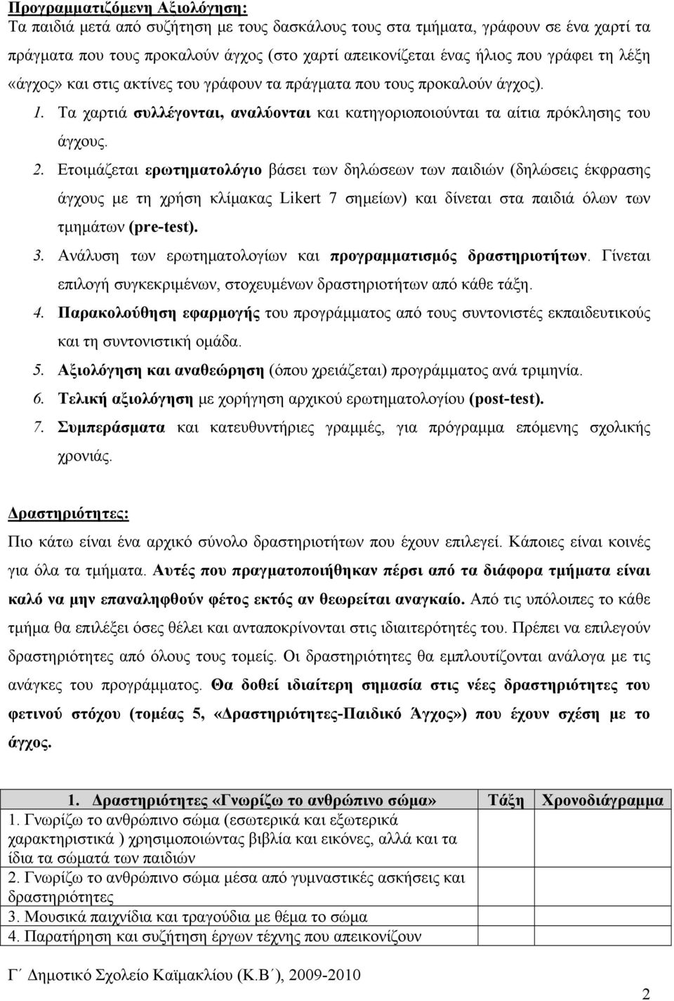 Ετοιμάζεται ερωτηματολόγιο βάσει των δηλώσεων των παιδιών (δηλώσεις έκφρασης άγχους με τη χρήση κλίμακας Likert 7 σημείων) και δίνεται στα παιδιά όλων των τμημάτων (pre-test). 3.